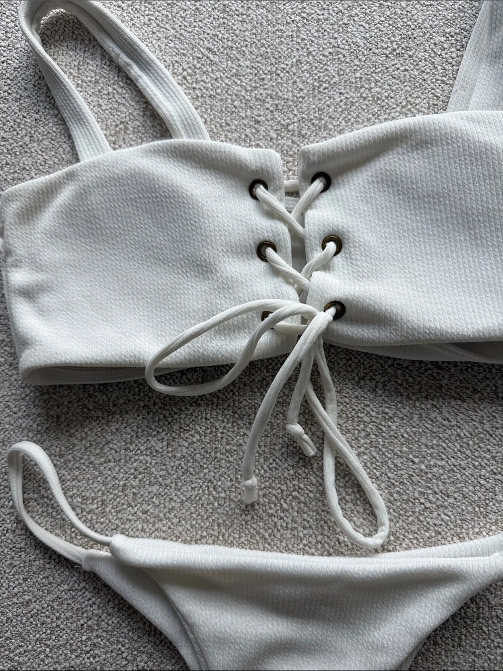 Zaful White Lace-Up Ribbed Bikini Set